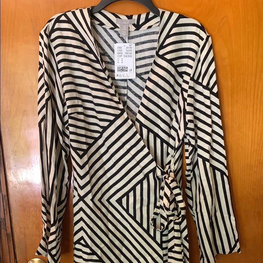 H&M Linen Blend Wrap Dress Geometric Stripes Size Medium NWT - Picture 2 of 12